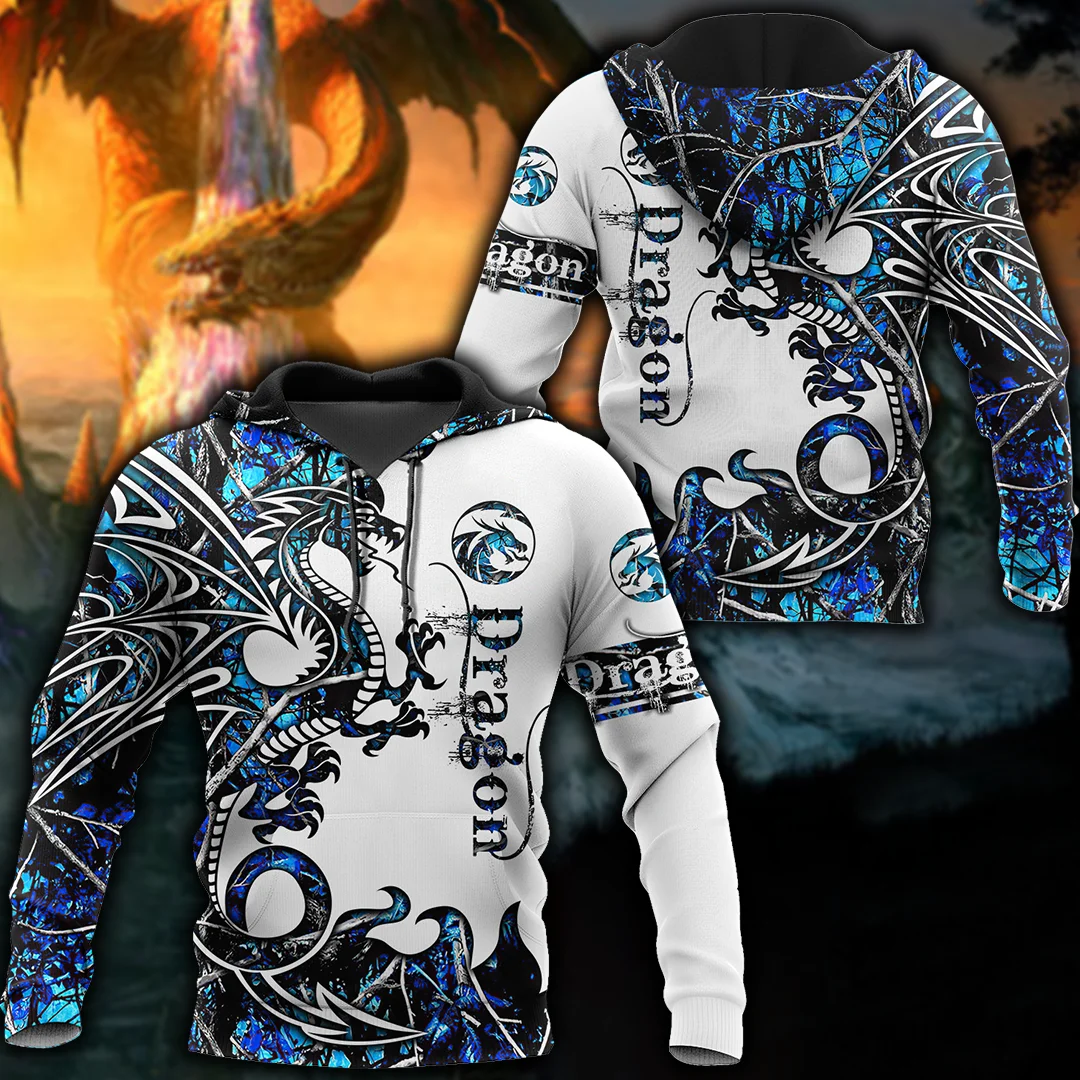 Hermoso tatuaje de dragón azul con estampado 3D para hombre, Sudadera con capucha Unisex de otoño e invierno, jersey con cremallera, ropa de calle informal KJ431