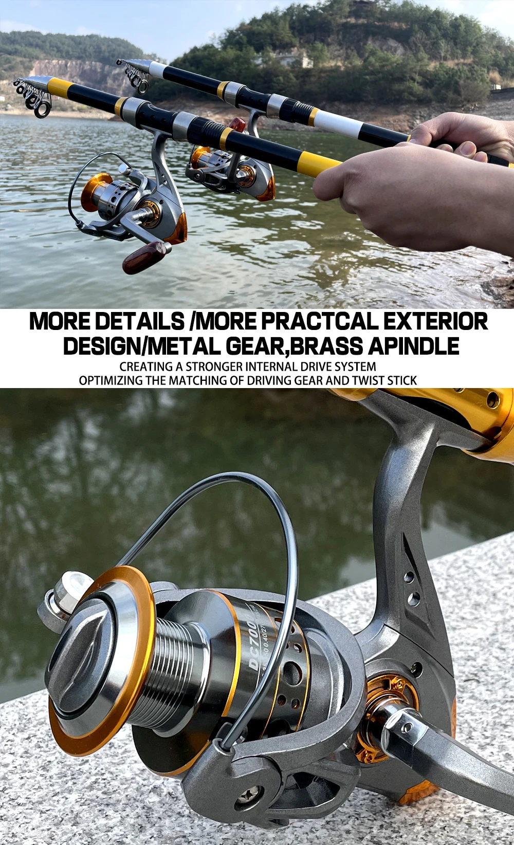 Un carrete de pesca, que es un componente clave de una caña de pescar que se utiliza para recuperar el hilo de pescar. El carrete está diseñado con un engranaje de metal y un piñón de latón, que son partes del sistema de transmisión interno.