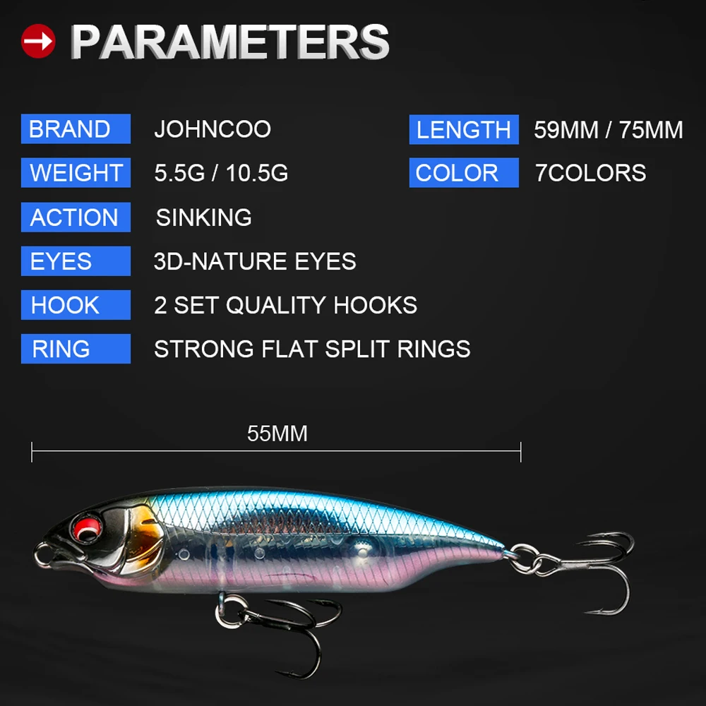 JOHNCOO-señuelo de pesca de hundimiento lento, cebo Artificial de plástico duro, aparejos para trucha y lubina, 59mm, 75mm - imagen 2