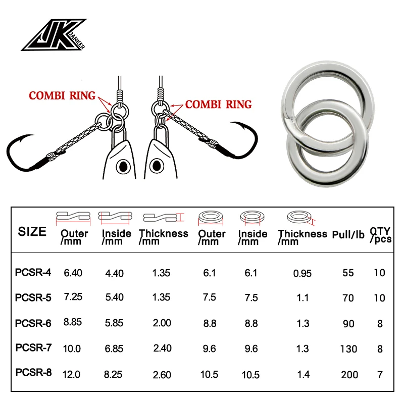 JK-Anillo de pesca de acero inoxidable Combi Power, señuelo de anillo sólido para manivela en blanco, Kit de herramientas de cebo, llavero de Metal, 55-200LB - imagen 5