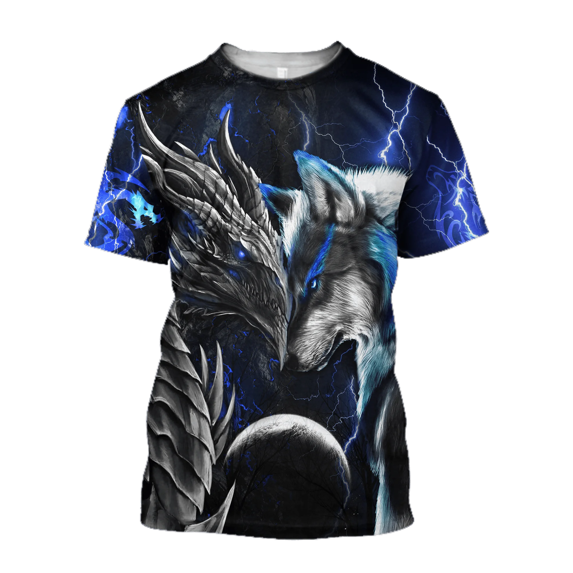 Camiseta Hipster de verano para hombre, camiseta de manga corta con estampado 3D de dragón rojo/azul y lobo, camisetas informales Unisex TX0188 - imagen 3