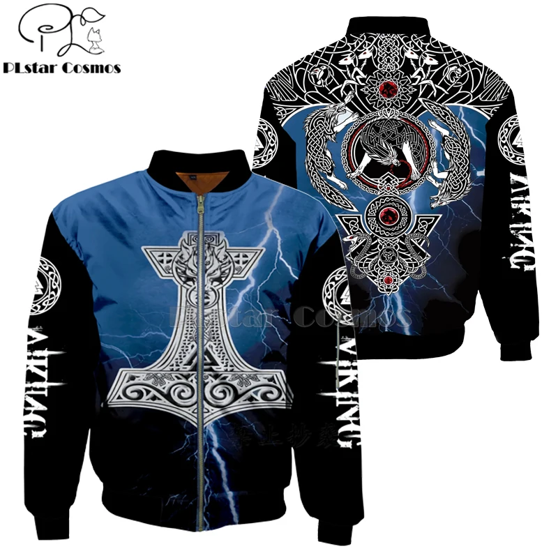 Chaquetas Bomber de moda para hombre, Mjolnir Odin, patrón de tatuaje, estampado divertido, jersey de manga larga con cremallera 3d, chaqueta con cremallera Unisex, 2024 - imagen 3