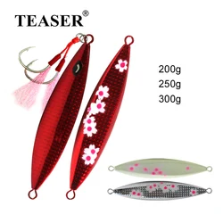 TEASER-señuelo de pesca J84 de hundimiento lento, anzuelo de Metal Jigging de agua salada, aparejos de cebo con doble gancho de asistencia, 200g, 250g, 300g