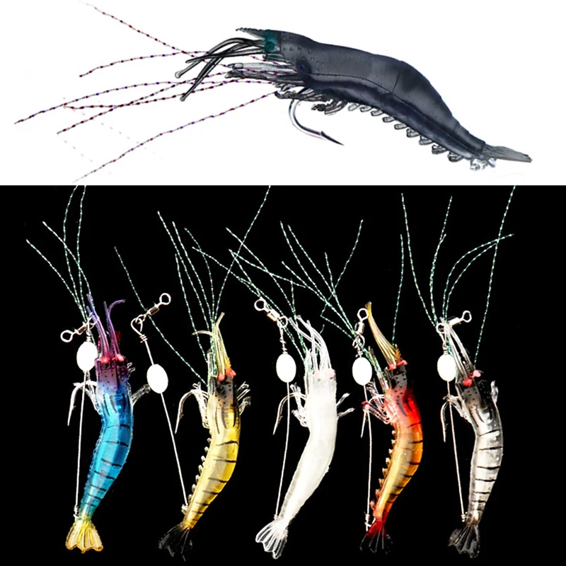 Señuelo luminoso de camarón suave, cebo Artificial con gancho brillante, anzuelos giratorios, anzuis Sabiki, aparejos de Pesca, 7,5 cm, 5,5g, 5 unids/lote - imagen 4