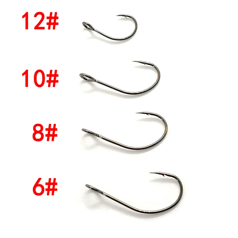 OUTKIT 10 piezas Tamaño 6 # -12 #   Para señuelo de pesca, anzuelo tipo cuchara, anzuelo individual para cebo de pescado, anzuelo en línea, ojo grande, acero afilado con alto contenido de carbono - imagen 3