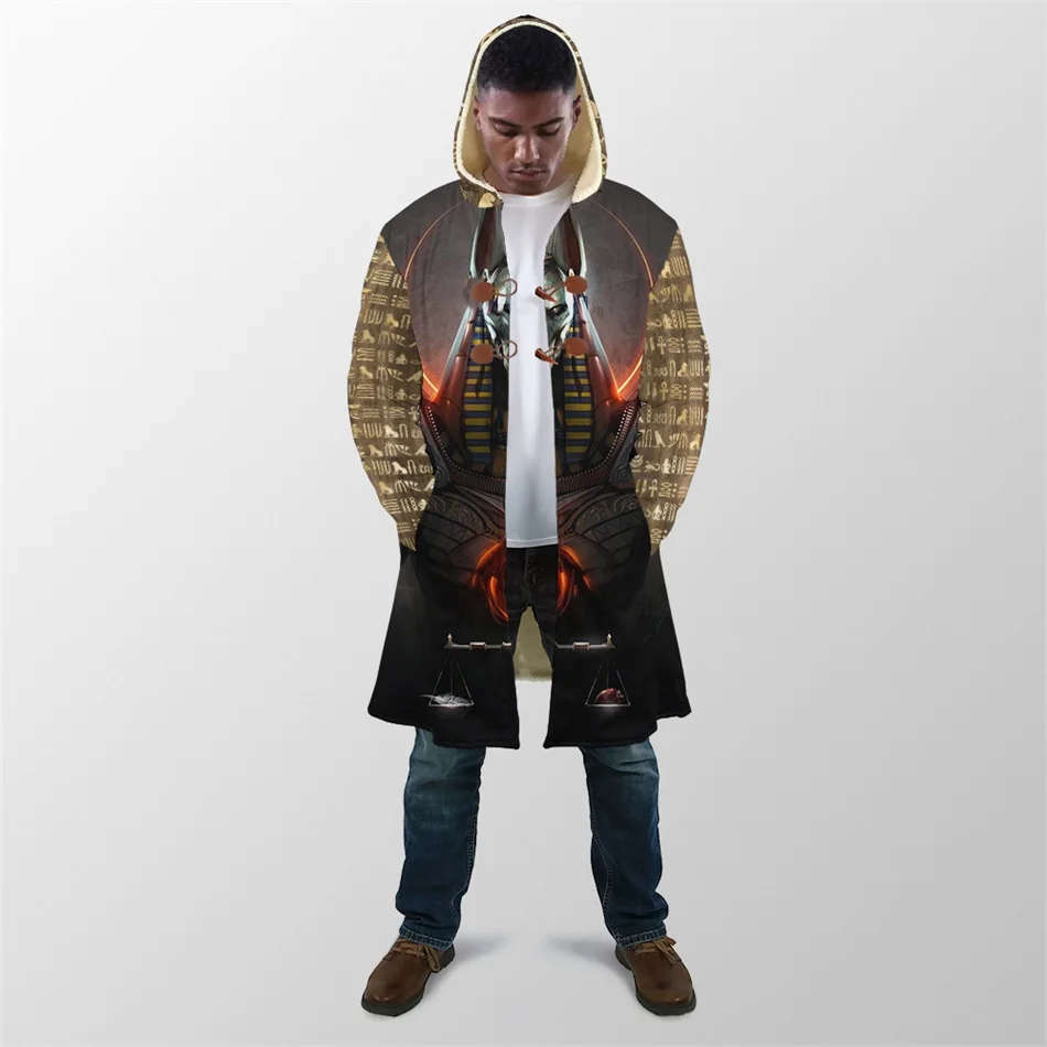 2025 capa de invierno para hombre, faraón del Antiguo Egipto, cara de Anubis, estampado 3D, Abrigo con capucha de lana gruesa, capa cálida informal Unisex DP14 - imagen 3