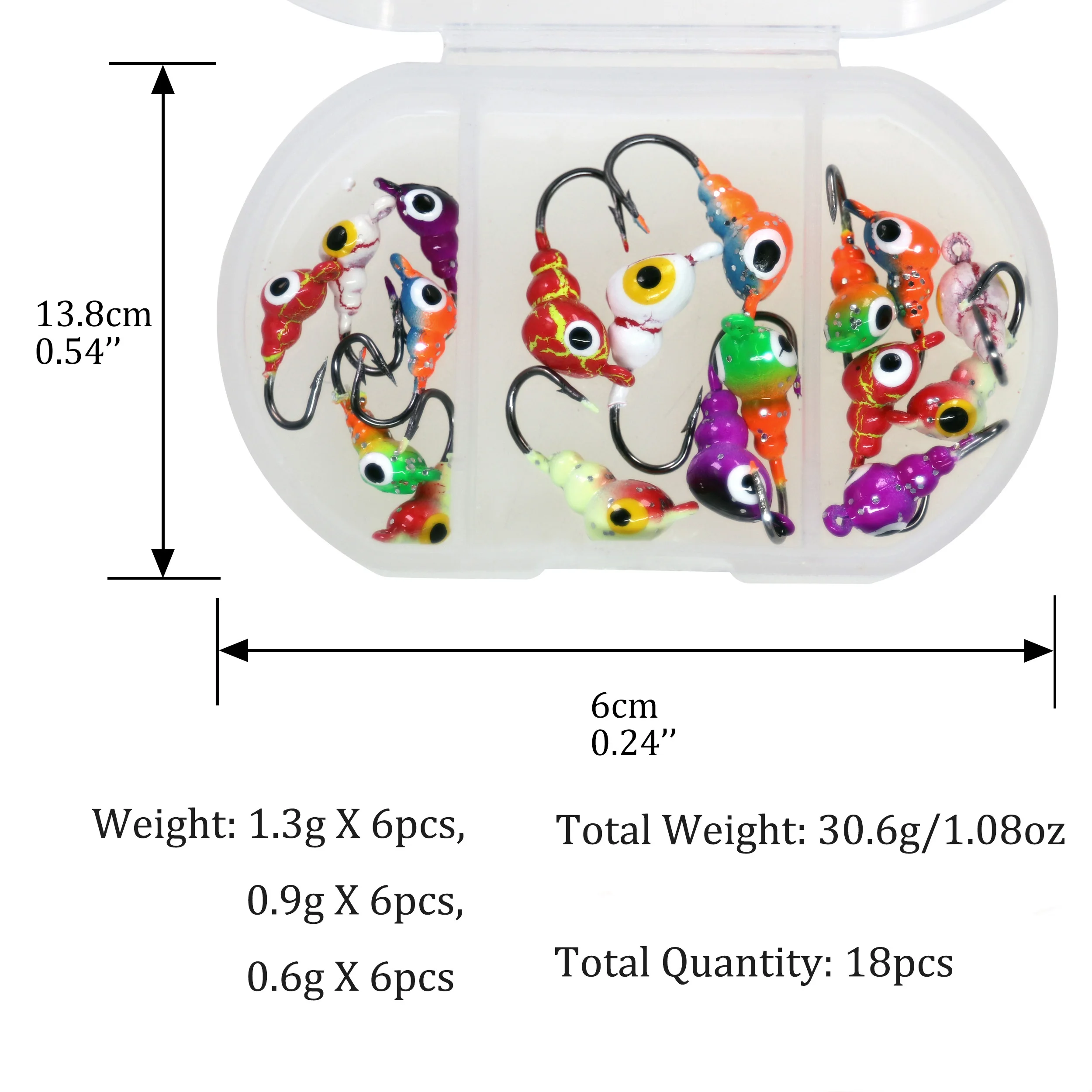 THKFISH-Kit de anzuelos de pesca en hielo, juego de anzuelos de púas con cabeza de 0,6g-1,4g, cebo duro Artificial para invierno, 18 piezas - imagen 4