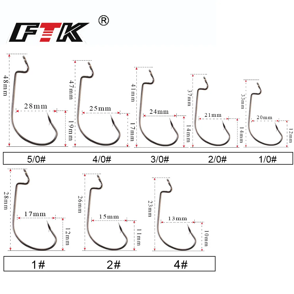 FTK-anzuelos de pesca Offset de 12-20 piezas, señuelos de gusano suave 5/0 #-4 #, aparejos de pesca con manivela anillada de acero de alto carbono - imagen 2