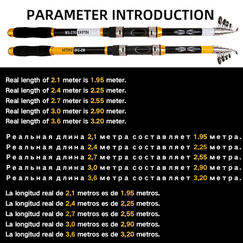 Un gráfico con texto e imágenes de lo que parecen ser objetos parecidos a bolígrafos, posiblemente lápices ópticos o marcadores. El texto proporciona información sobre la LONGITUD REAL de estos objetos en metros, con diferentes longitudes enumeradas para cada elemento.