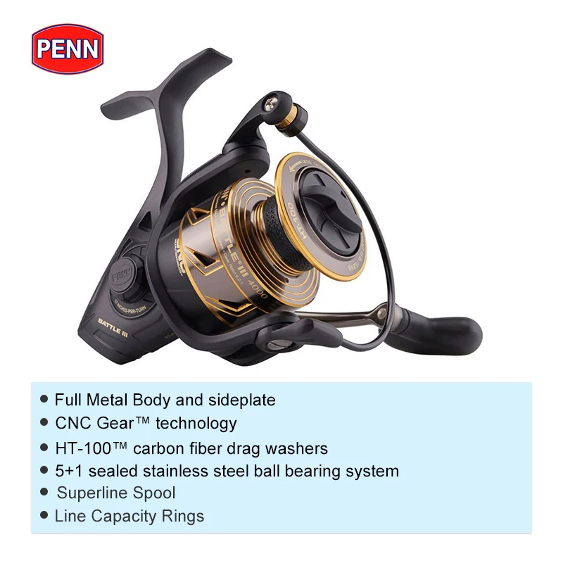 Penn BATTLE III-carrete de pesca giratorio de metal, arrastre máximo de 30lb/8000 kg, 5 + 1BB, Ht-100, BTL III, 6000HS, 13,6