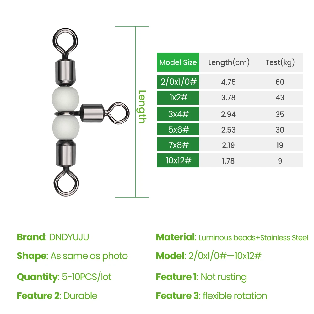 DNDYUJU 5/20 piezas conector giratorio de pesca rodamiento 3 vías forma de T anzuelo señuelo línea conector aparejos de pesca cuenta luminosa - imagen 2