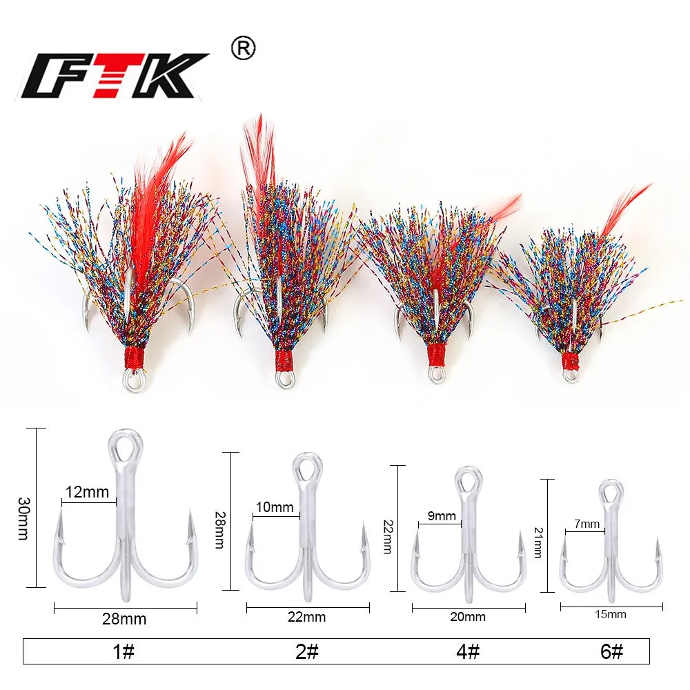 FTK 1 pieza anzuelo triple de pesca en el mar estañado con pelo 1/2/4/6 #   Aparejos de anzuelo de pesca triple con señuelo de púas doblado redondo de acero rico en carbono - imagen 3