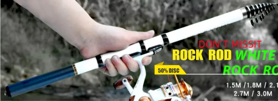 Una persona que sostiene una caña de pescar. La caña de pescar parece ser un modelo telescópico, que se utiliza habitualmente por su portabilidad y facilidad de almacenamiento. El texto de la imagen sugiere que hay un descuento o oferta en este producto, lo que indica que podría ser un anuncio o una imagen promocional.