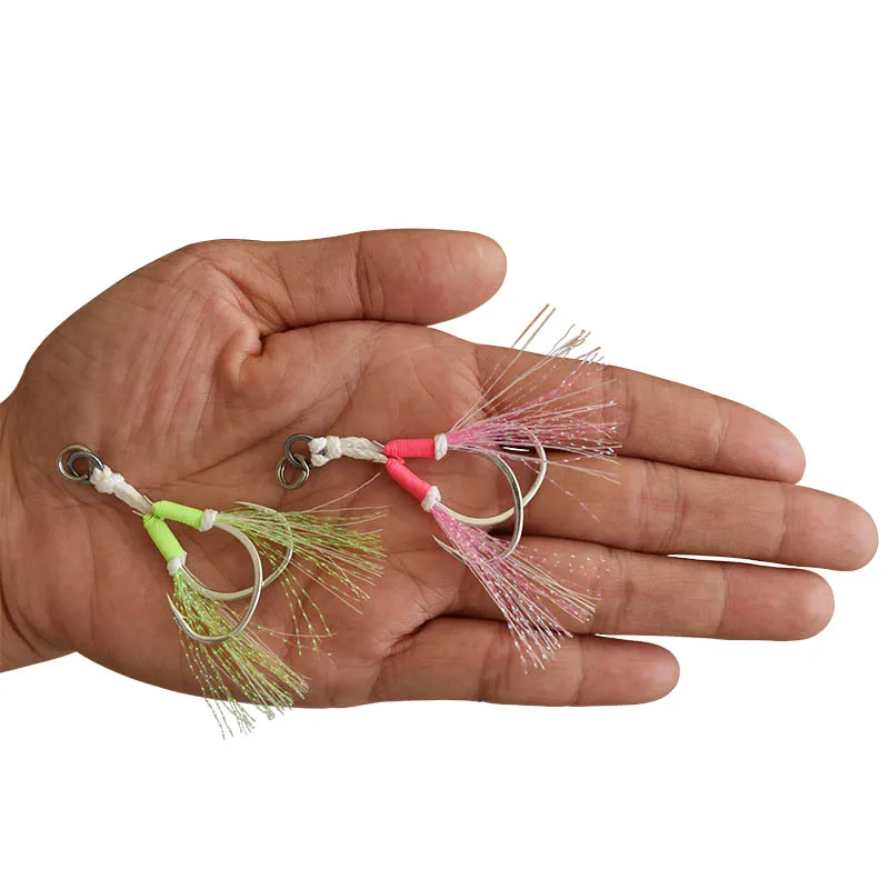 Anzuelo de asistencia de doble jiging, cabeza de plantilla de Metal, acero al carbono con pluma, 1/0, 3/0, 4/0, 5/0, 6/0, 2 unids/lote por paquete - imagen 2