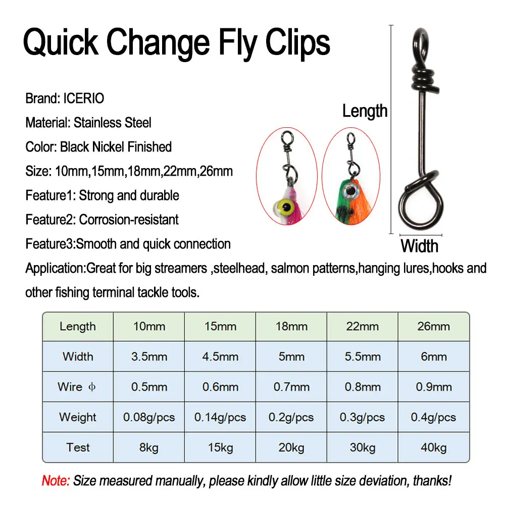 ICERIO 50 Uds Clips de mosca de cambio rápido de acero inoxidable sin nudos conector de señuelo de pesca Terminal de pesca herramienta de aparejos