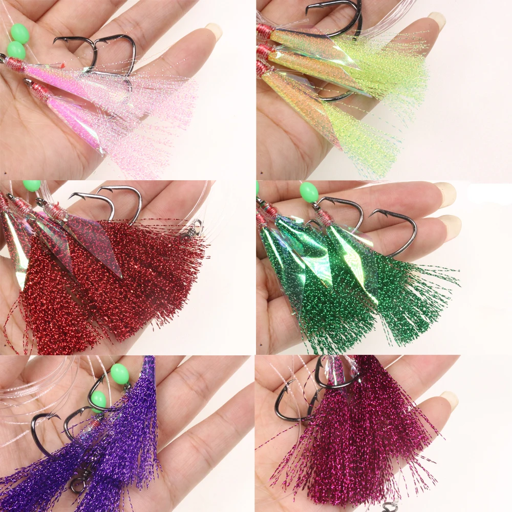 Señuelos de cebo de pesca con anzuelos afilados, anzuelos de piel de pescado, Sabiki, Snapper, Snatcher, Cod, color rojo, amarillo, 3 ganchos, 3/0-8/0, 6 bolsas