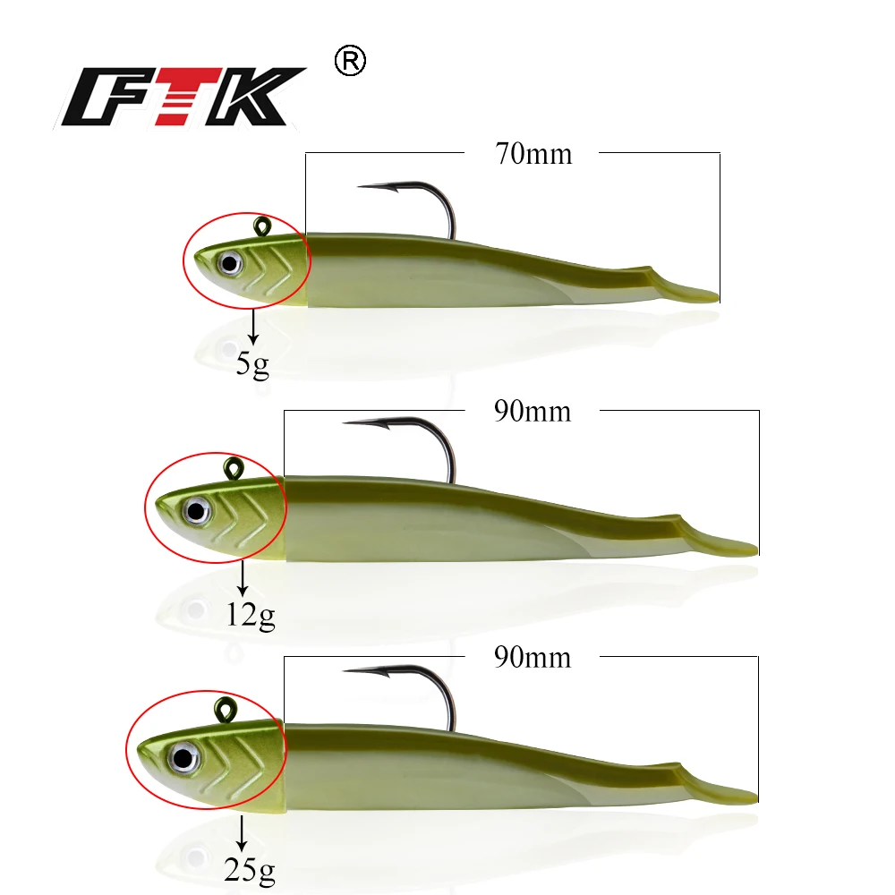 FTK Jig Head-señuelo de pesca suave, cabeza de ojos 3D, 5g, 12g, 25g, cuerpo, 7cm, 9cm, cebo Artificial de silicona, aparejos de pesca Swimbait - imagen 3