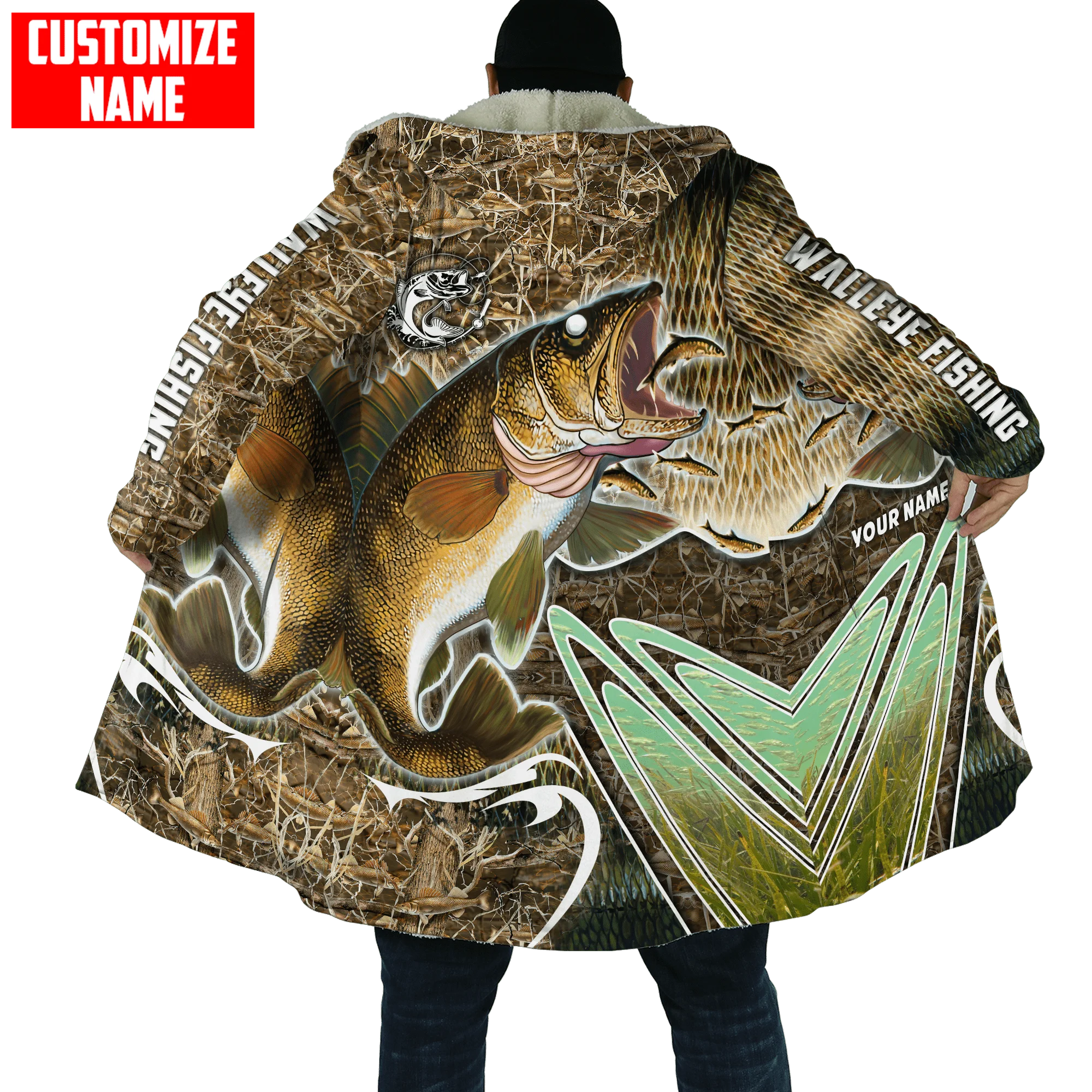 Capa de invierno para hombre con nombre personalizado, piel de pesca de trucha, camuflaje, estampado 3D, Abrigo con capucha de lana gruesa, capa cálida informal Unisex DP18 - imagen 5