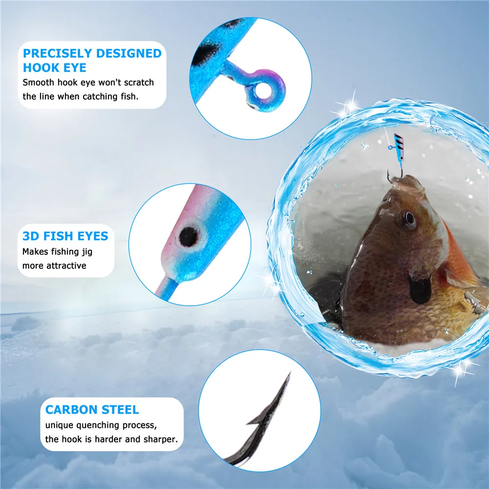 Kits de plantilla de pesca en hielo para invierno, señuelo de pesca en hielo brillante, anzuelos de cabeza para lubina Walleye jigging, 1,2g-2,6g, 24/48 piezas - imagen 4