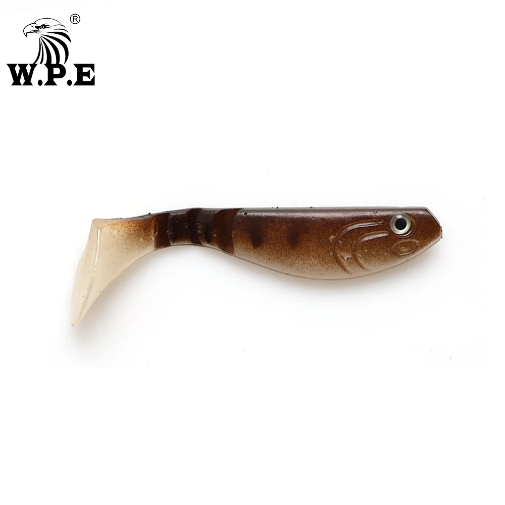W.P.E-señuelo suave de silicona Artificial, cebo de natación de cuerpo suave, aparejos de pesca Wobbler, ojos 3D, cola en T grande, 85mm, 6 unids/lote por paquete - imagen 5