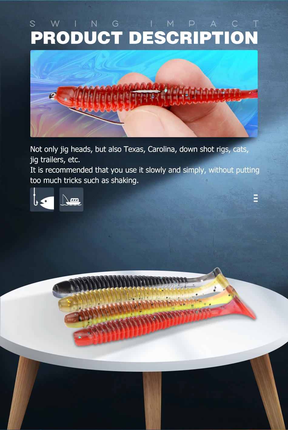 Detalle del swimbait mostrando su diseño de 75mm y acción de natación natural