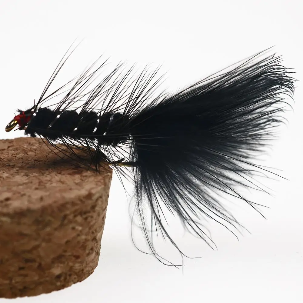 Wifreo 10PCS # 10 cebos de señuelos de pesca de trucha con mosca, serpentina de Bugger de lana negra de vástago largo - imagen 3