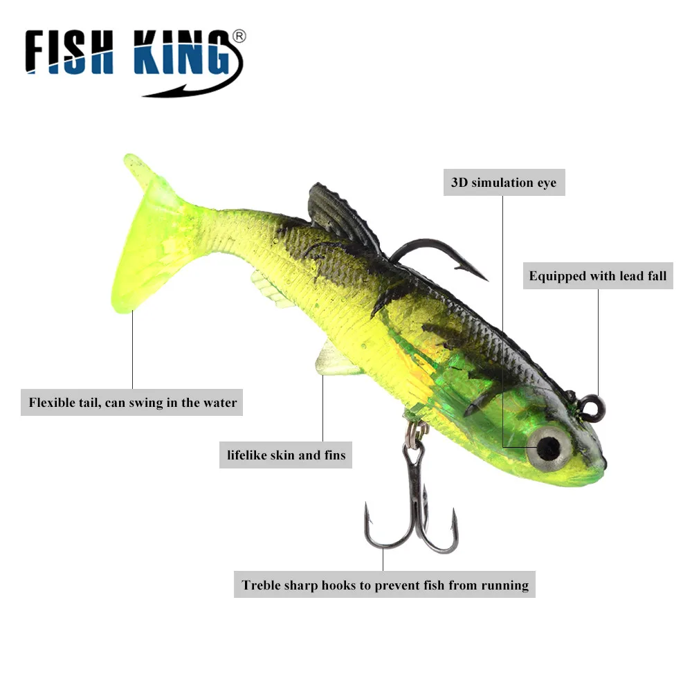 FISH KING-Señuelos de Pesca con ojos 3D, 6/8/10CM, con cola en T, suave, anzuelo triple, cebo Artificial, cabeza de plantilla, Crankbait - imagen 3