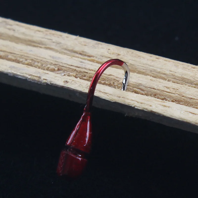 Anzuelo volcado rojo de pesca, anzuelos de lombriz roja de imitación, anzuelo con cabeza de plantilla de estaño, lote de 10 piezas en oferta - imagen 4