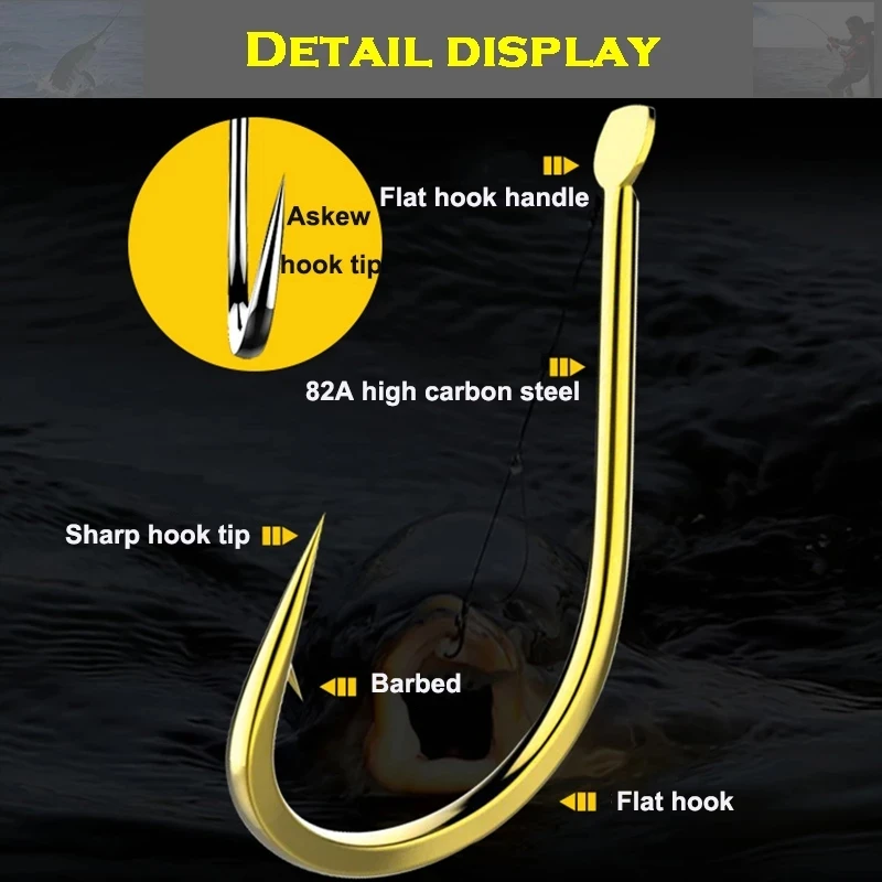 100 unids/caja anzuelos de pesca 1 # -13 #   Anzuelo de púas de oro negro, accesorios japoneses de aparejos de pesca de carpa con boca torcida de alto carbono - imagen 5