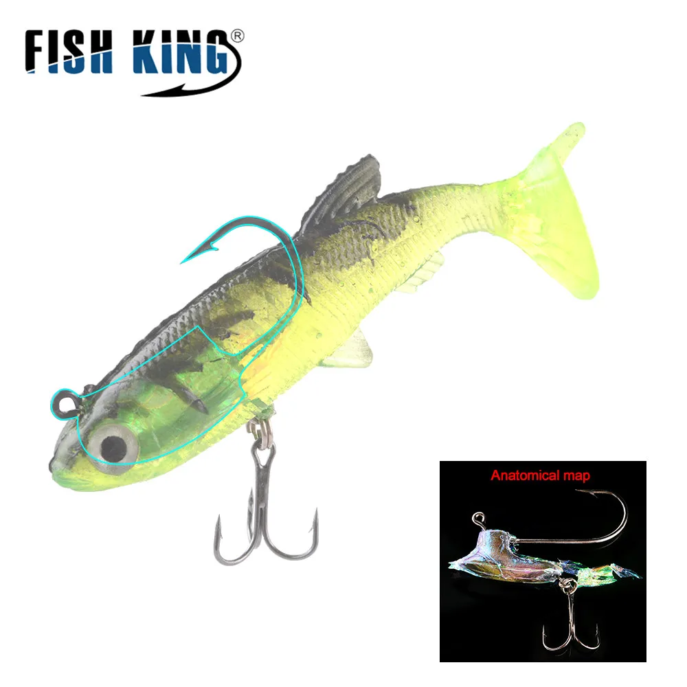 FISH KING-Señuelos de Pesca con ojos 3D, 6/8/10CM, con cola en T, suave, anzuelo triple, cebo Artificial, cabeza de plantilla, Crankbait - imagen 5