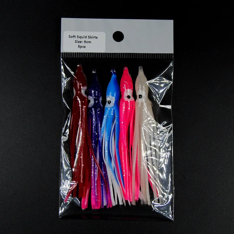 Bimoo-faldas de calamar suaves para pesca en agua salada, 2 bolsas = 10 piezas, 9cm, naranja, rojo, azul, luminoso en la oscuridad, plástico, pulpo, señuelos - imagen 3