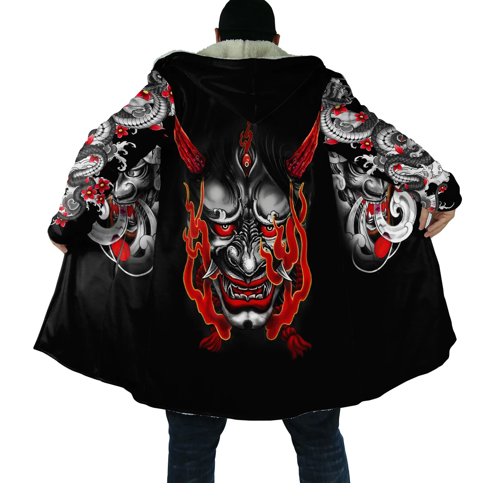 Capa de moda de invierno para hombre, máscara de Samurai Oni, tatuaje, estampado 3D, capa con capucha de lana gruesa, capa cálida informal Unisex DP08 2024 - imagen 5