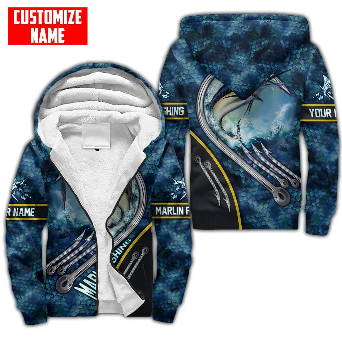 Nombre personalizado pesca de bagre 3D impreso invierno más grueso Sudadera con capucha con cremallera Unisex Casual Abrigo con capucha chándal chaqueta de lana cálida JH08 - imagen 5