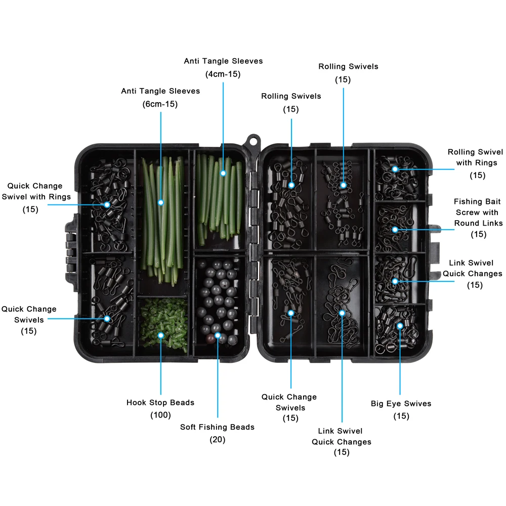 Kit de aparejos de pesca de carpa, manguitos antienredos, cuentas de tope de gancho, Boilie, tornillo de cebo, broches giratorios rodantes, 300 unids/lote por caja - imagen 3