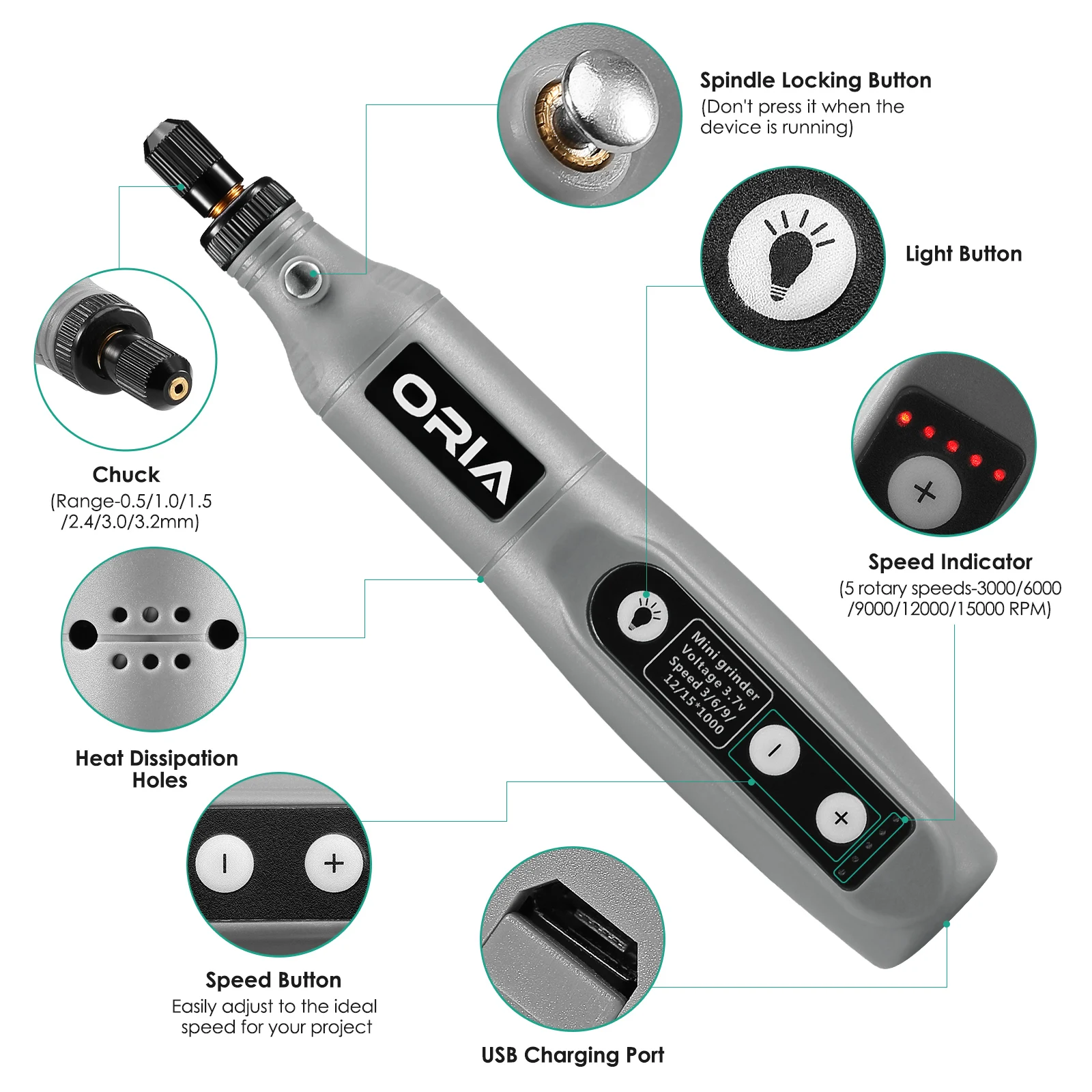 Taladro inalámbrico ORIA 5V – Kit herramienta rotativa portátil - imagen 2