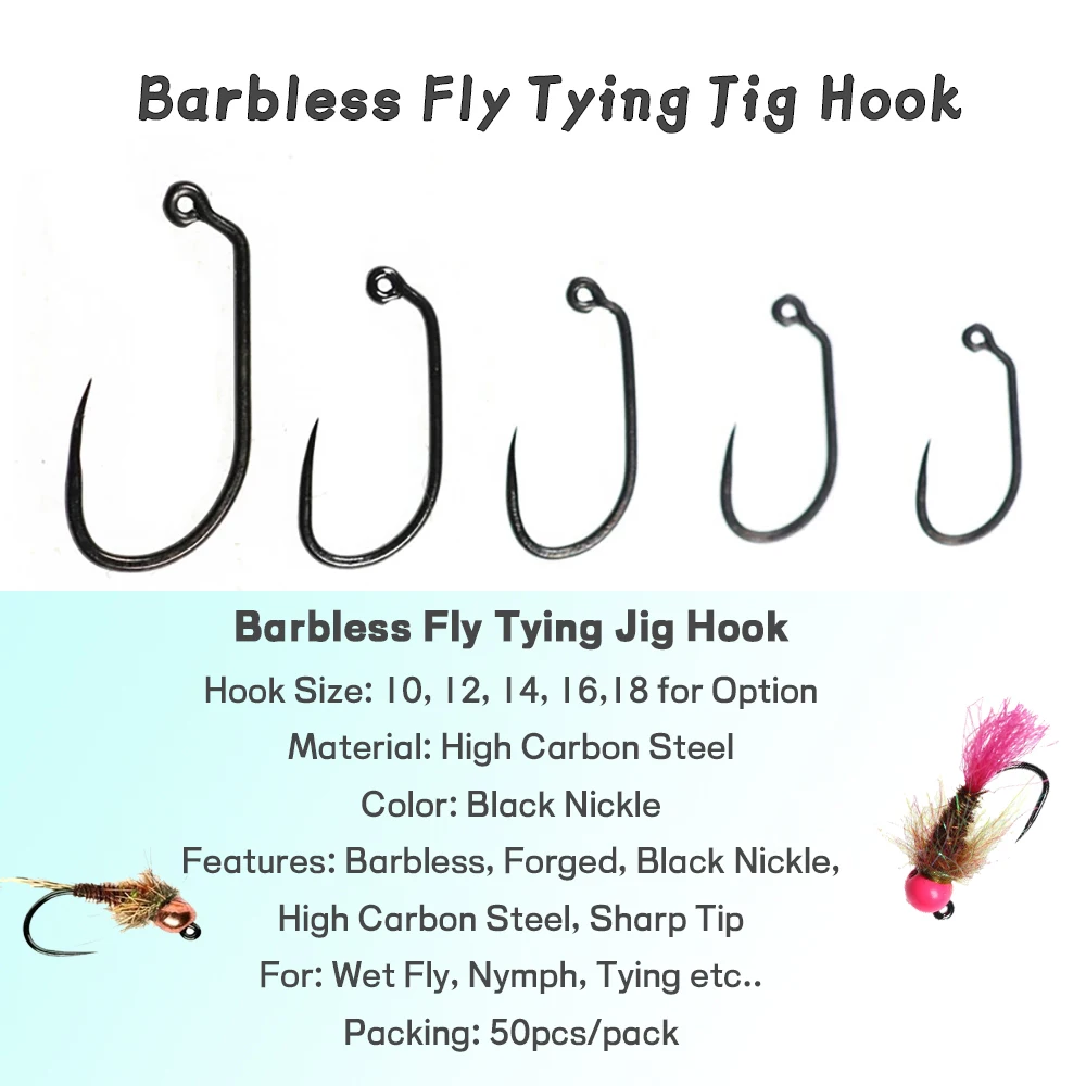 WIFREO 50 Uds. Anzuelos de pesca con mosca sin púas para atar moscas, anzuelos de pesca con mosca de níquel negro, anzuelos de plantilla húmedos, ninfa y Caddis Pupa # 10-18 - imagen 2