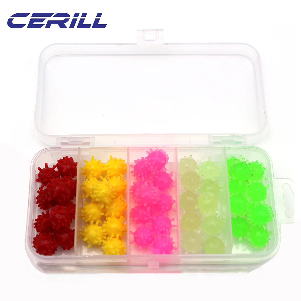 Objetos esféricos coloridos en una caja transparente