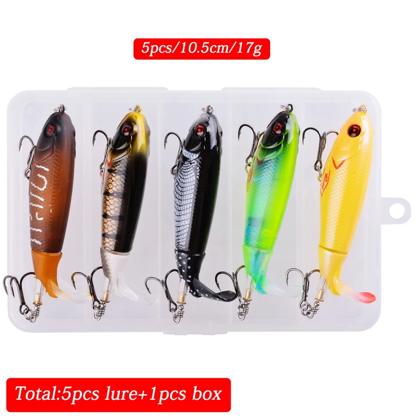 5 unids/caja 100mm flotante Popper juego de Señuelos de Pesca cebo duro Artificial señuelos cola giratoria suave caja de aparejos de pesca - imagen 4