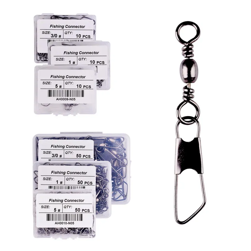 Conector Sin Marca mostrando su diseño de acero inoxidable y 50 unids/caja para pesca efectiva