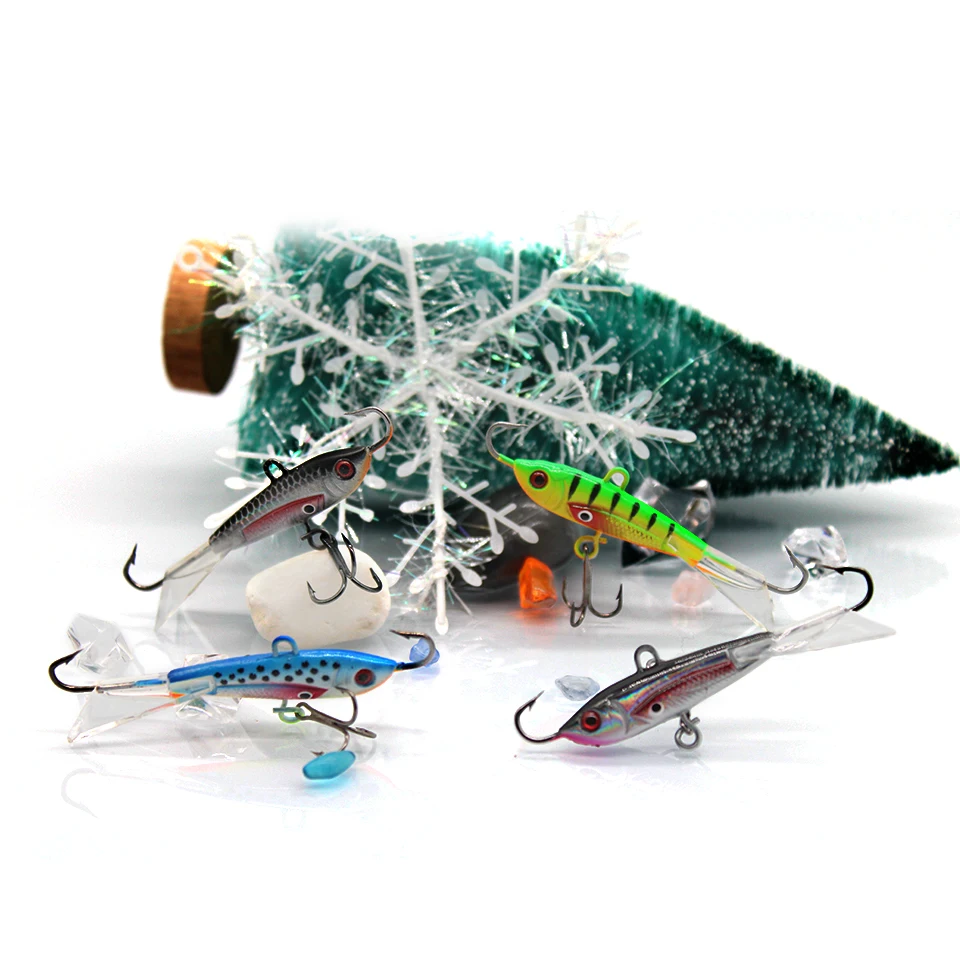 Se muestran señuelos de pesca coloridos en un fondo festivo