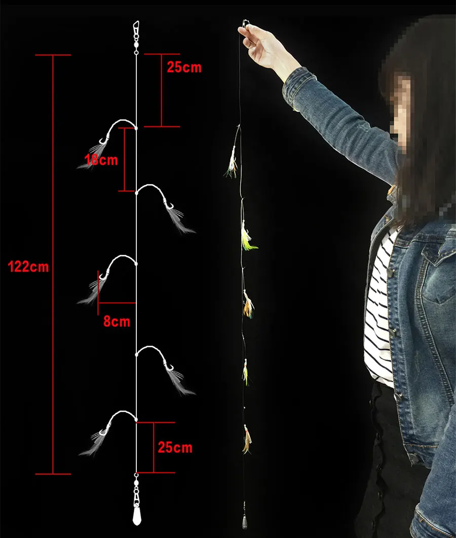 Combinación de anzuelo sabiki, juego de Señuelos de Pesca de silicona Artificial, cebo de calamar suave, piel falsa, cuentas luminosas, moscas, Rattlin Sabiki - imagen 5