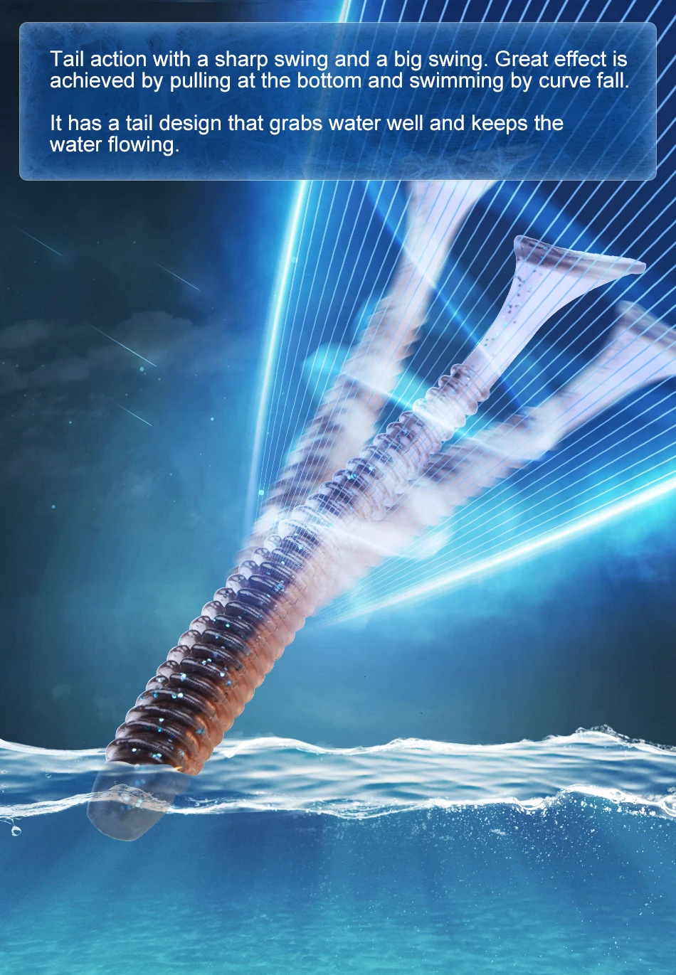 Señuelo mostrando su notable acción de natación natural y plásticos con peso específico