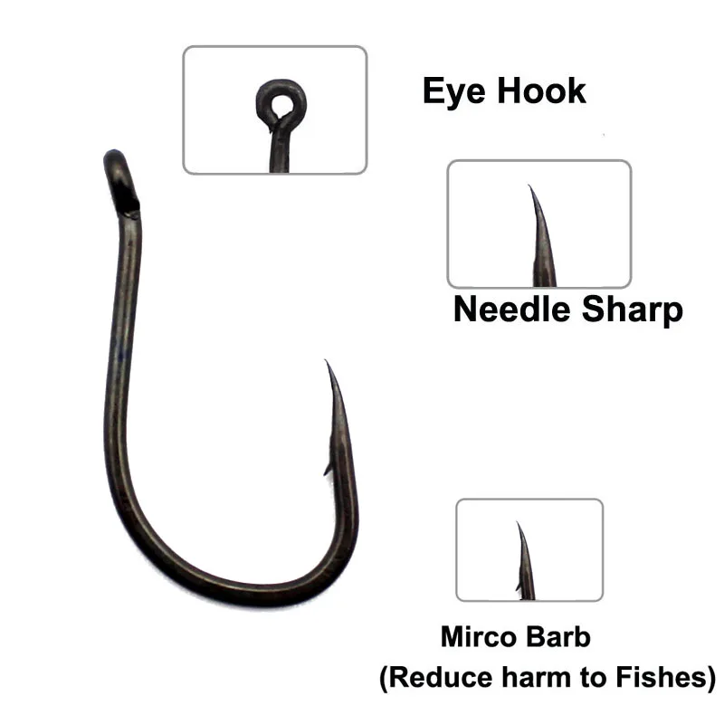 50 Uds. Anzuelo de pesca de carpa con revestimiento de PTFE, anzuelo Chod-Rig Kaptor Choddy de acero al carbono, Micro barrado negro con anzuelo de carpa con ojo volcado - imagen 4