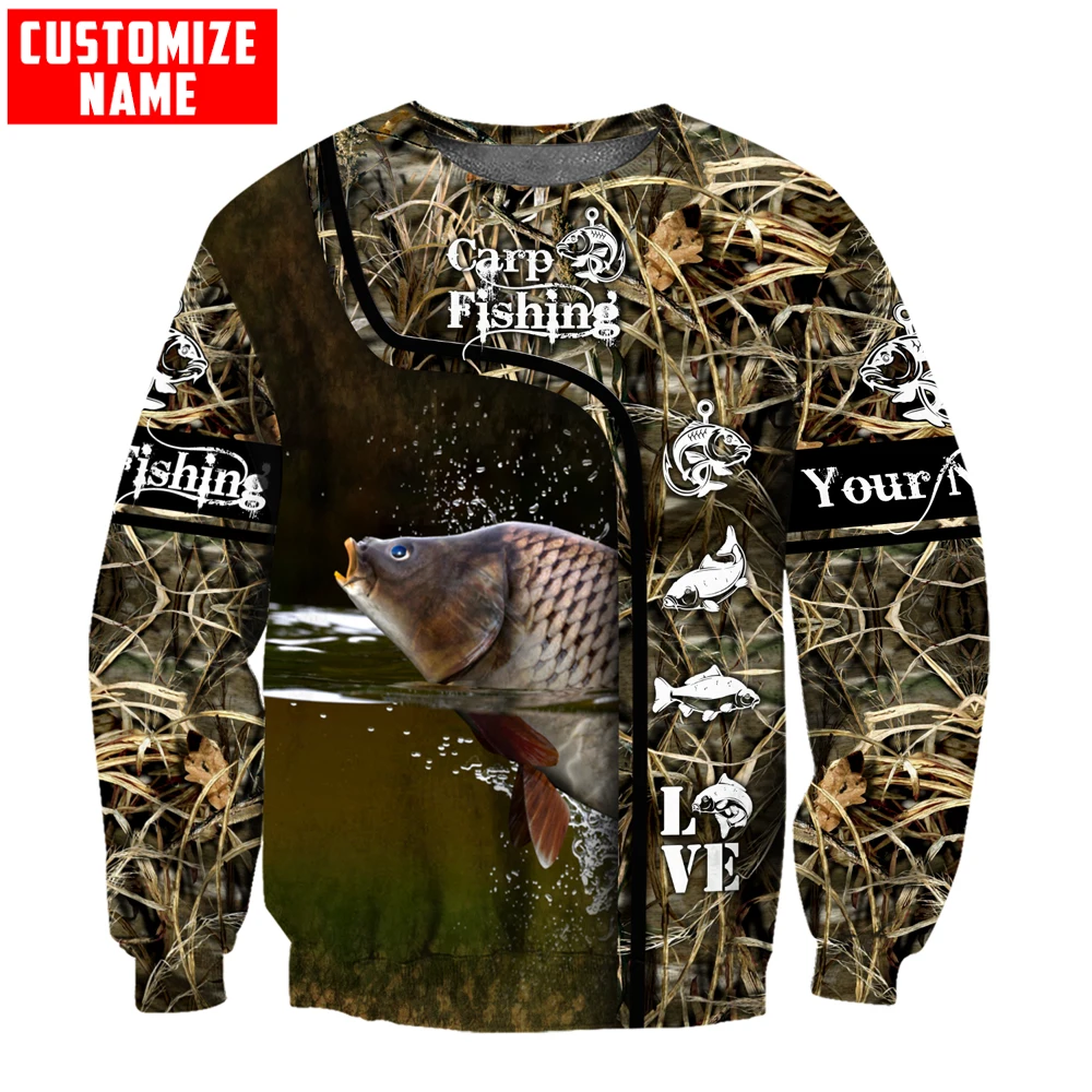 Sudadera con capucha y sudadera con estampado 3D de camuflaje para pesca de carpa con nombre personalizado para hombre, Sudadera con capucha con cremallera Unisex de otoño, chándales informales KJ784 - imagen 2