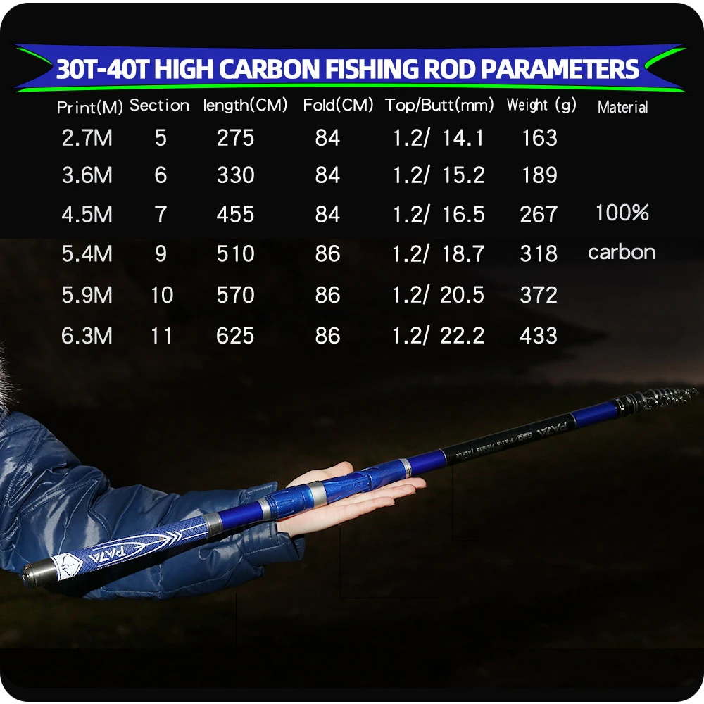 JOSBY-caña de pescar telescópica portátil, Mini caña giratoria de 6,3 M, 5,4 M, 4,5 M, 3,6 M, 2,7 M - imagen 3