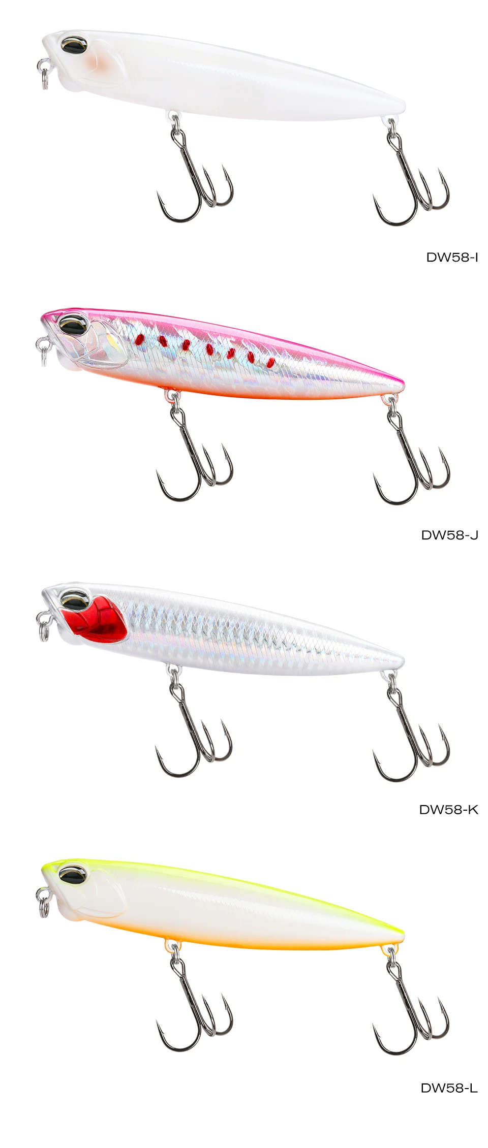 Una fila de señuelos de pesca con diferentes colores y tamaños.