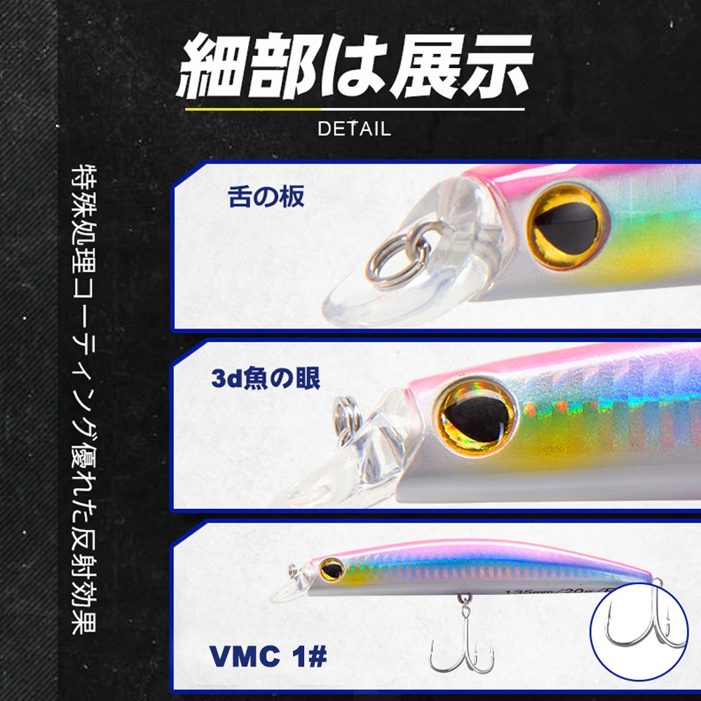 Señuelos de pesca Minnow D1, 135mm, 20g, Wobblers duros artificiales flotantes, anzuelos de alta calidad, aparejos de pesca para lubina, trucha, pesca DT4002 - imagen 5