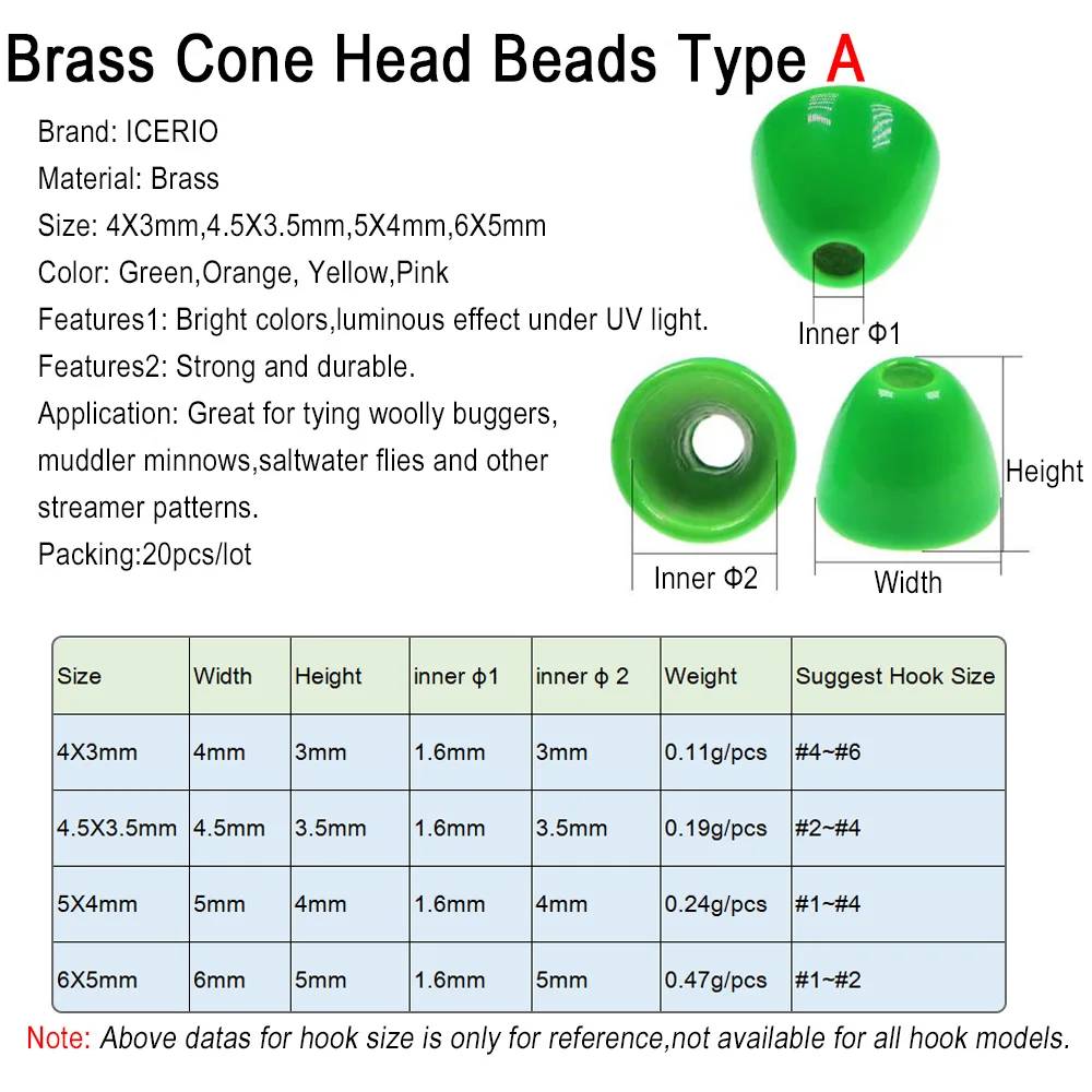 ICERIO tubo de cuentas de cabeza de cono de latón UV, Material de atado de moscas para Señuelos de Pesca de agua salada, 20 piezas - imagen 2