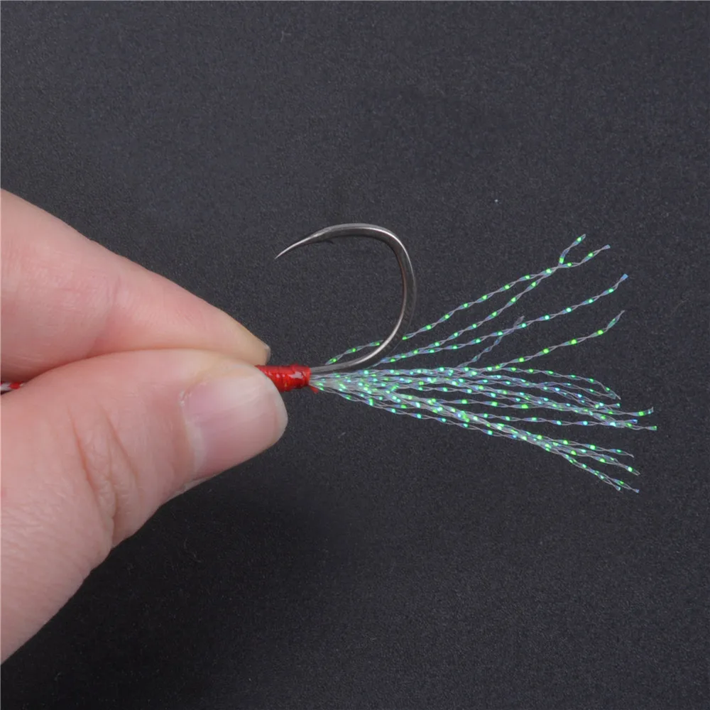 20 unids/lote anzuelo de pesca de ayuda de plantilla lenta Jigging señuelo de pesca de lubina cabeza de plantilla de Metal anzuelos de mosca con púas atado con pluma - imagen 5