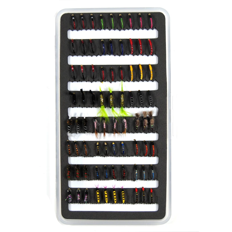 Bimoo-Juego de moscas de pesca con mosca, 76 unidades, Nymph Midge Scud, caja delgada para trucha, cebos de pesca - imagen 2